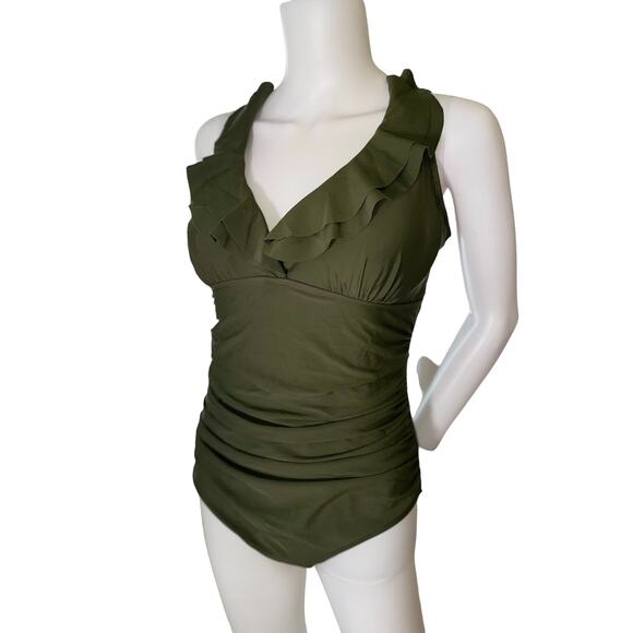 Sexy V Plunge Ruffle swimsuit, One piece, Bra C/D Medium, Forgiving gathers. - Picture 2 of 5